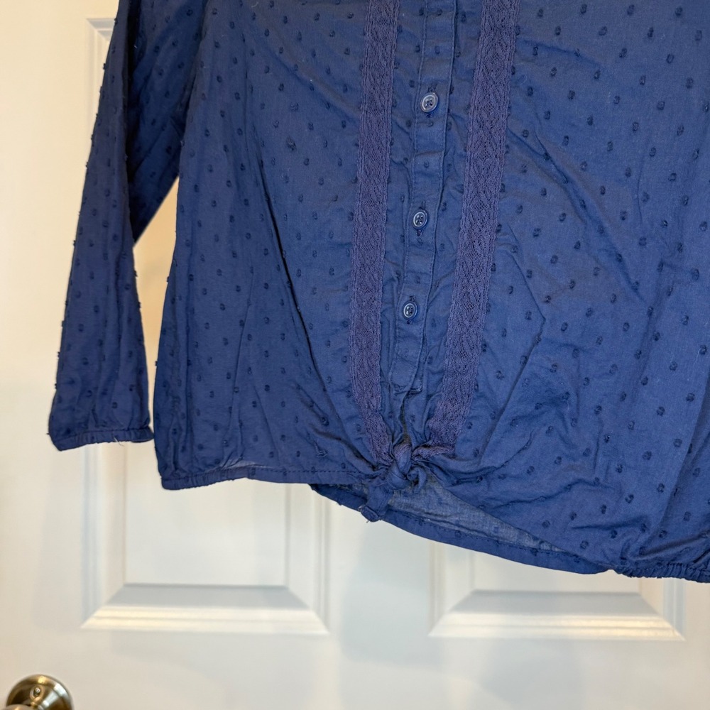 Oshkosh B'gosh Girls Navy Blue Swiss Dot Tie Front Long Sleeve Shirt Size 7/7A - Picture 4 of 5